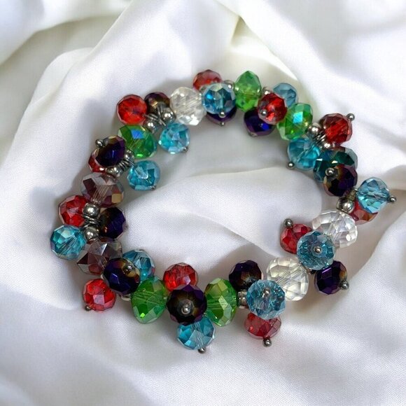 Festive Beaded Bracelet Blue Red Clear Pink Purple Stretch To Fit - Picture 1 of 3